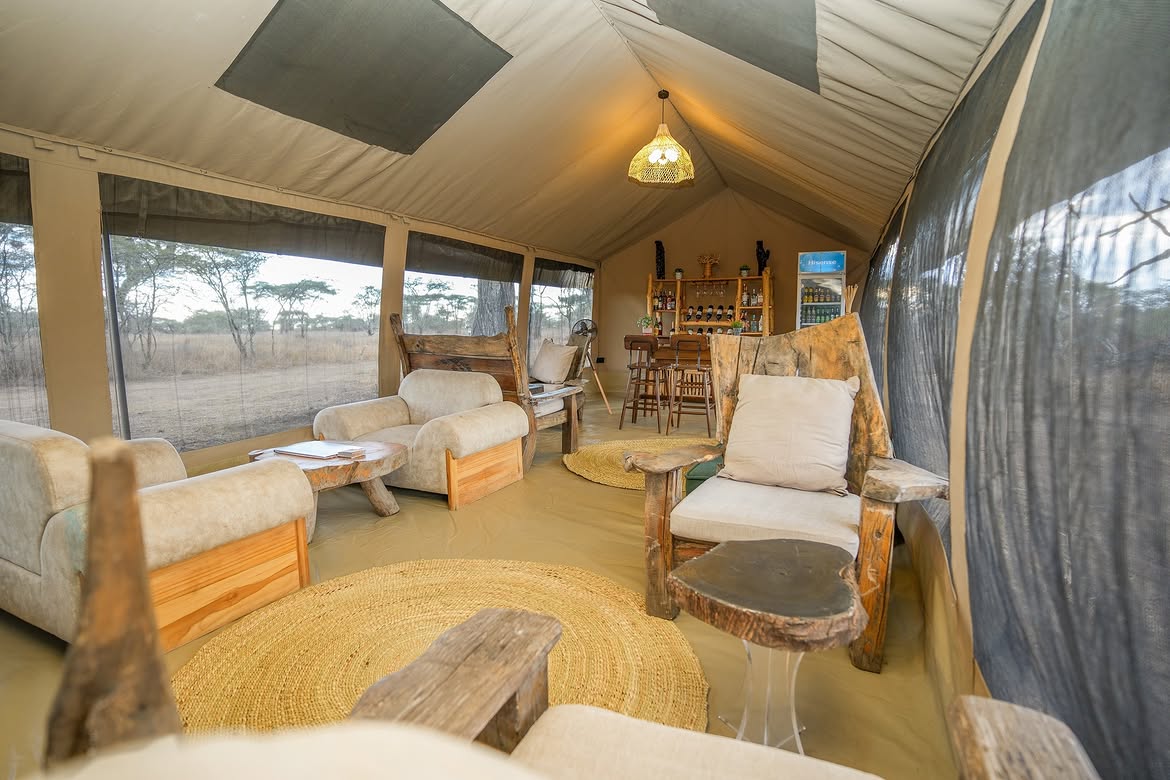 Guest lounge and bar inside a Malaika tent with bush views