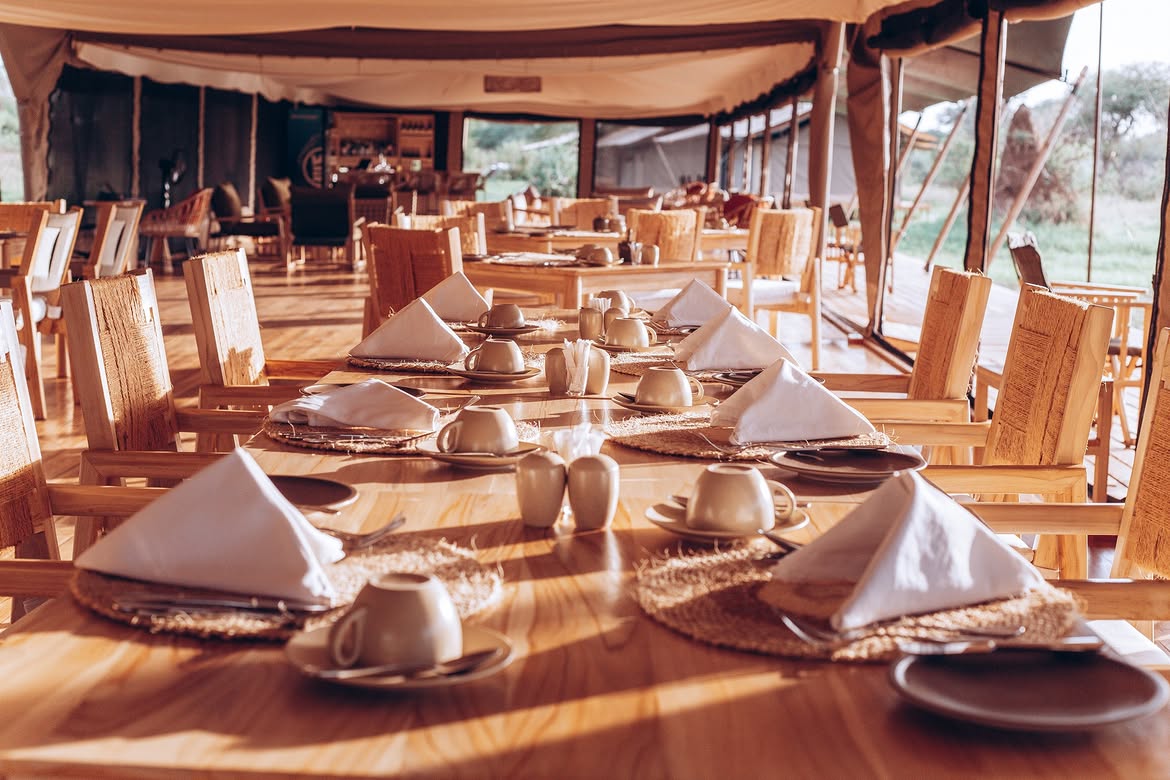 Main dining tent set for breakfast at Conserve Safari