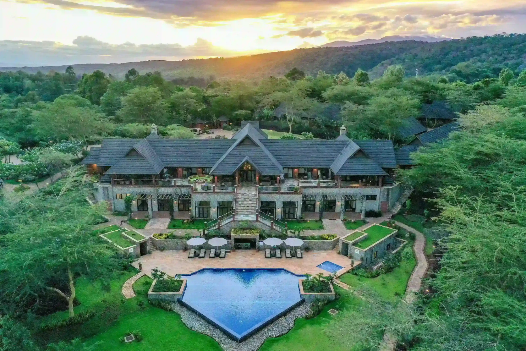 Aerial view of The Retreat at Ngorongoro at sunset