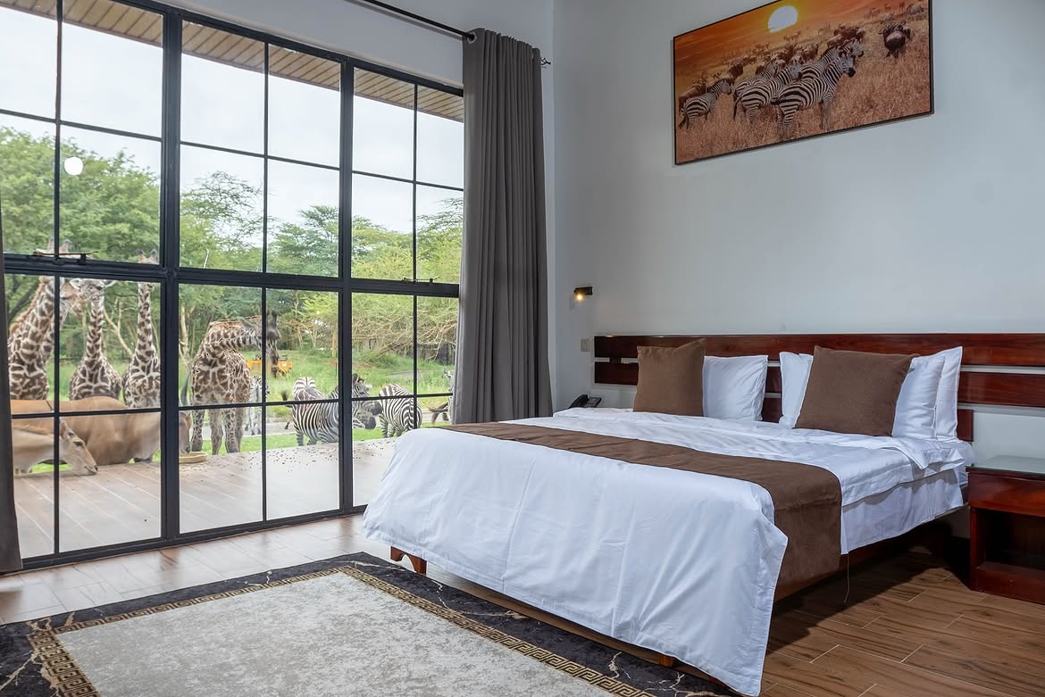 King bedroom at Aya Sophia with giraffes visible through floor-to-ceiling windows