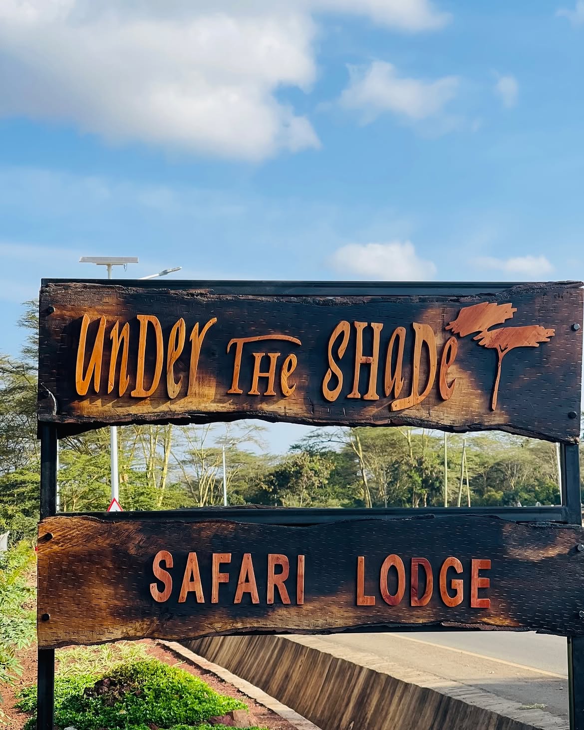 Under The Shade Safari Lodge carved wooden entrance sign