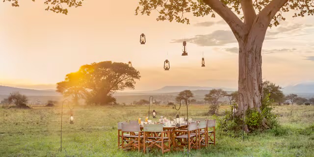 Bush dinner under acacia trees at Meliá Serengeti Lodge