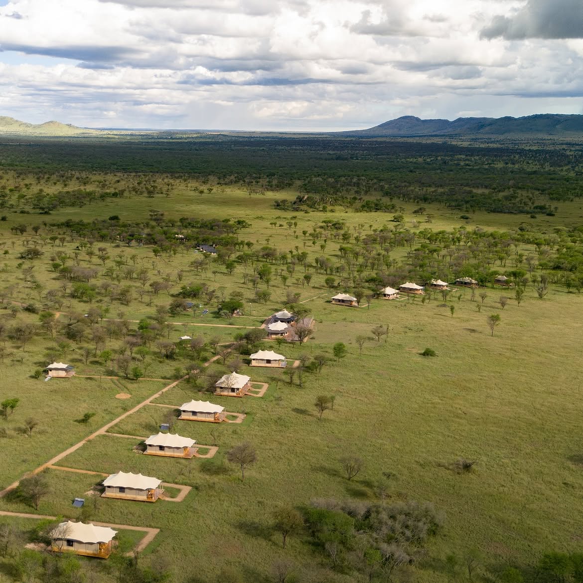 Aerial view of Conserve Safari Luxury Tented Camp on the plains