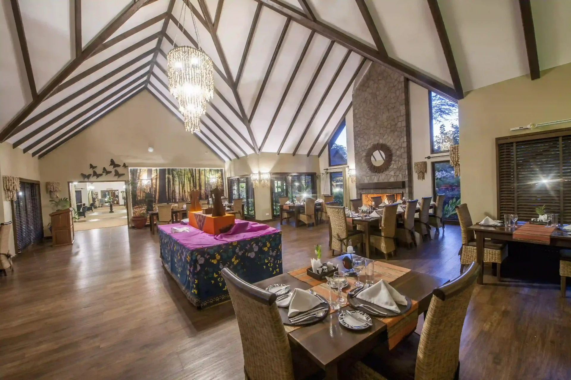 Main dining hall with vaulted ceiling at The Retreat