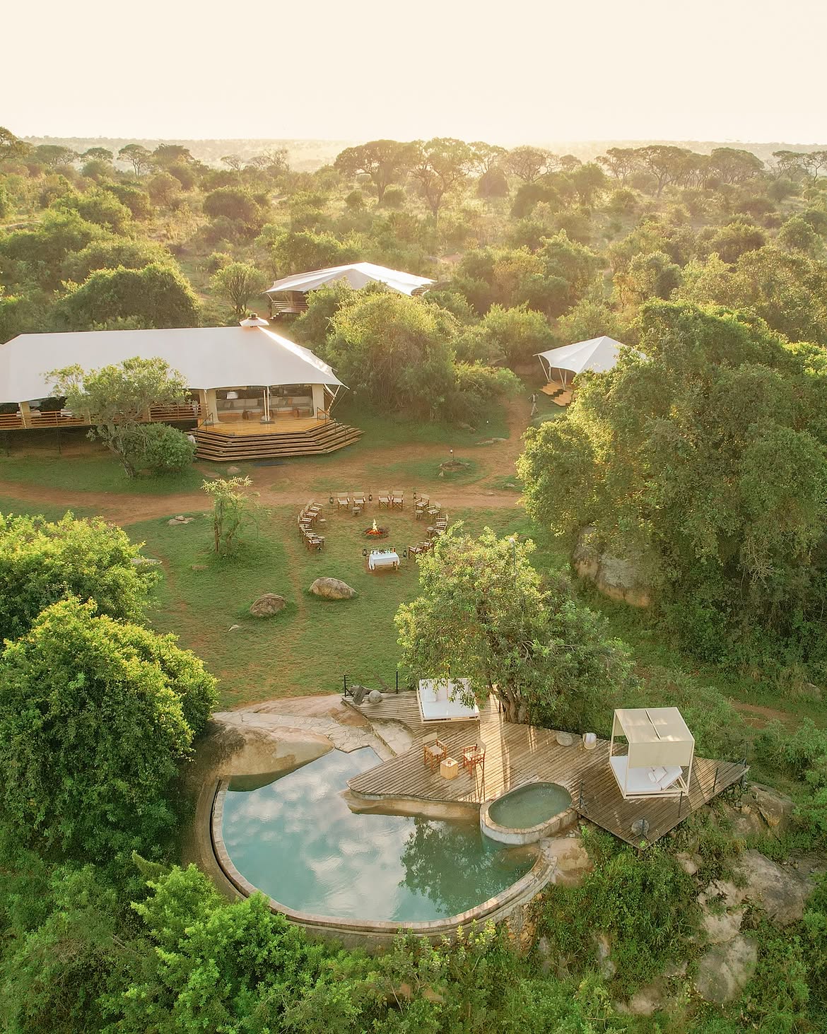 Aerial view of Bushtop Serengeti Camp among the trees